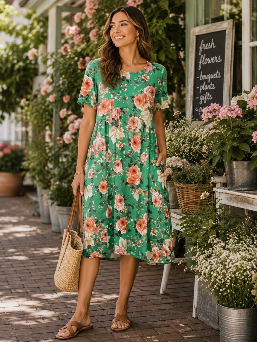 Agnes & Dora Kelly Green Floral Midi Dress NWT XS Short Sleeve